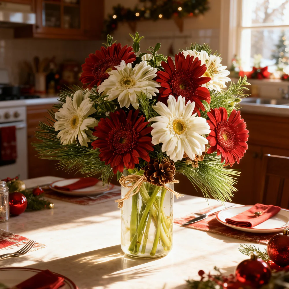 Bouquet "Festives d’étoiles" Gerberas Rouge & Blanc (12 Tiges) – Bouquet Des Fêtes - Image 2