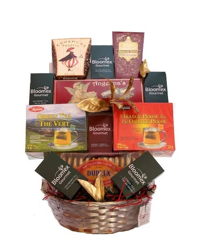 Panier Cadeau Thé de Luxe & 12 Délices Gourmands : Chocolat, Truffes, Fromage et Biscuits