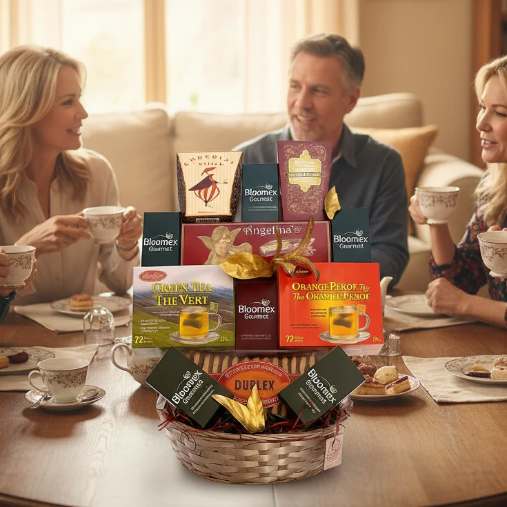 Panier Cadeau Thé de Luxe & 12 Délices Gourmands : Chocolat, Truffes, Fromage et Biscuits - Image 2