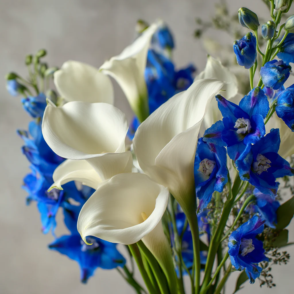 Arrangement Floral Élégant "Joie Bleue et Blanche" - Lys Calla Blancs et Delphinium Bleu - Image 3