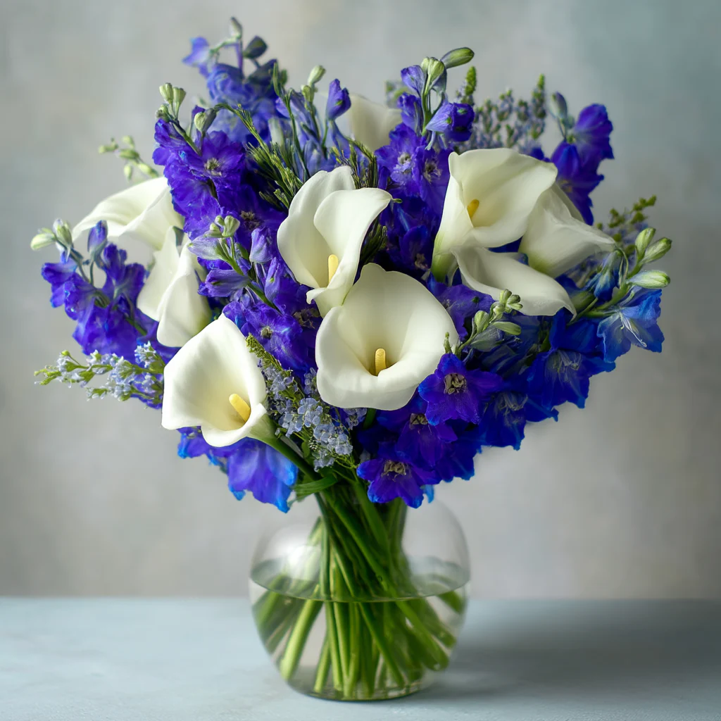 Arrangement Floral Élégant "Joie Bleue et Blanche" - Lys Calla Blancs et Delphinium Bleu - Image 4