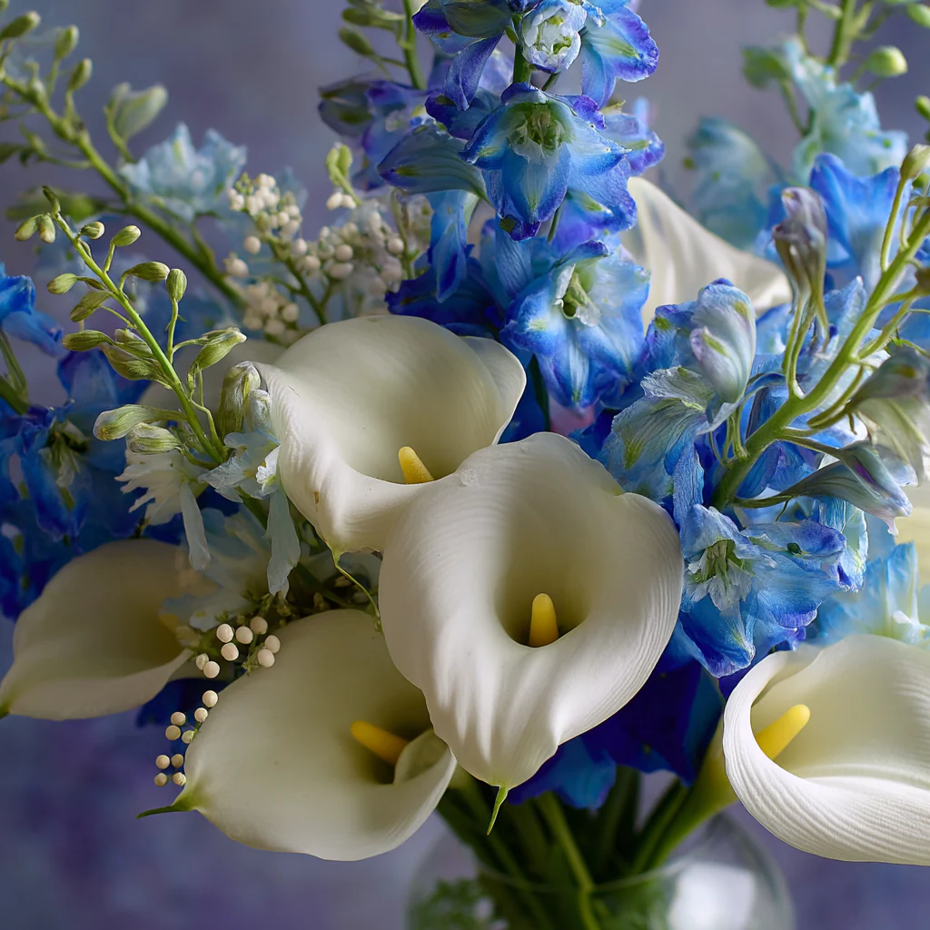 Arrangement Floral Élégant "Joie Bleue et Blanche" - Lys Calla Blancs et Delphinium Bleu - Image 5