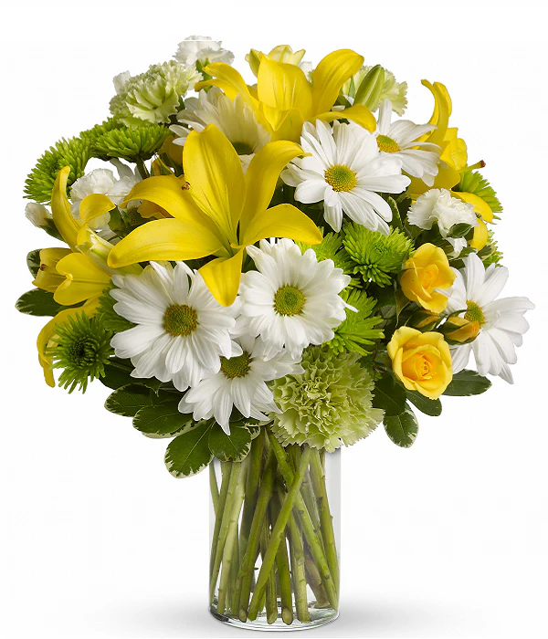 Bouquet "Matin Lumineux" - Roses Jaunes, Vertes et Blanches - Félicitations