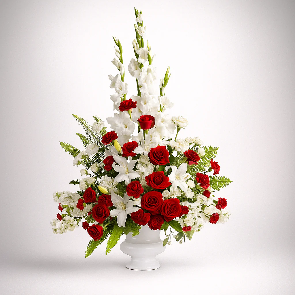Arrangement a Urne "Souvenirs Inoubliables" - Roses Rouges, Blanches et Vertes - Image 3